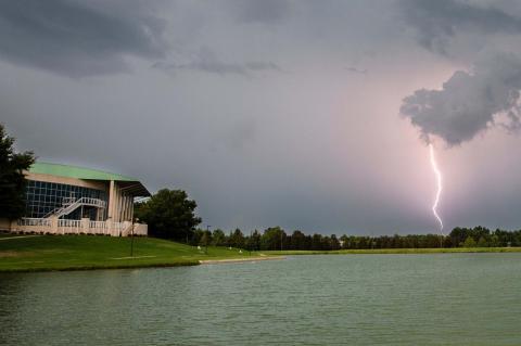 Lightning on Chadwick Lake during a storm at MSU